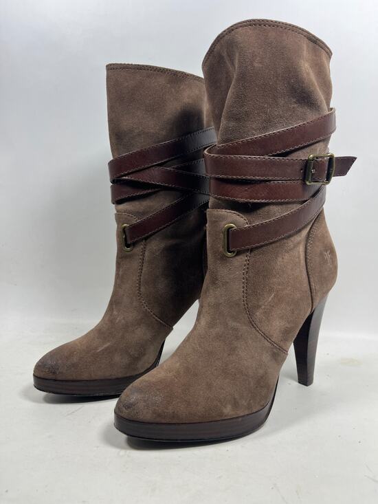Frye Shoes - FRYE Boots Womens 9.5M Harlow Multi Strap Suede Leather Platform Heeled Brown